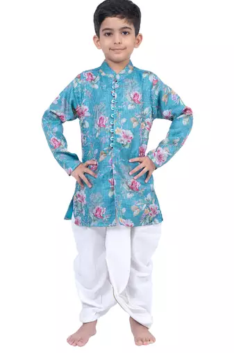 fullsleeves floral printed kurta with dhoti -seagreen & white