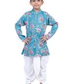 fullsleeves floral printed kurta with dhoti -seagreen & white