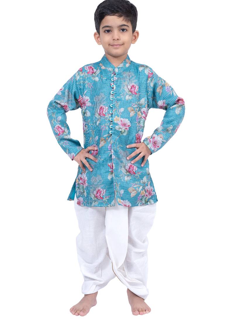fullsleeves floral printed kurta with dhoti -seagreen & white