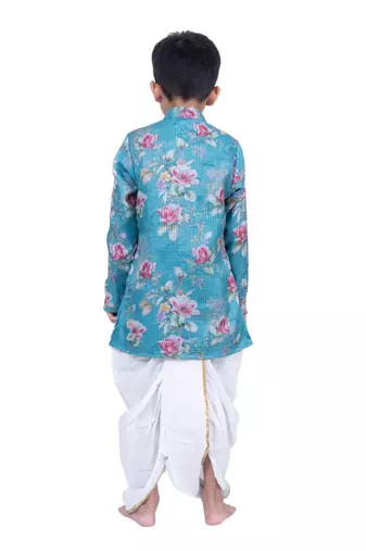 fullsleeves floral printed kurta with dhoti -seagreen & white