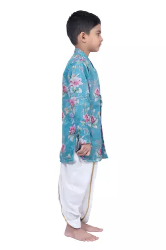 fullsleeves floral printed kurta with dhoti -seagreen & white