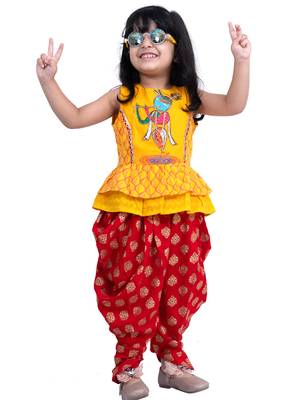 cotton sleeveless krishna printed top & dhoti -yellow & red 1
