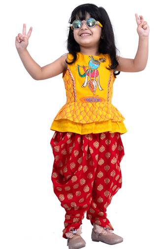 cotton sleeveless krishna printed top & dhoti -yellow & red