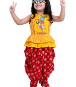 cotton sleeveless krishna printed top & dhoti -yellow & red