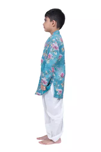 fullsleeves floral printed kurta with dhoti -seagreen & white