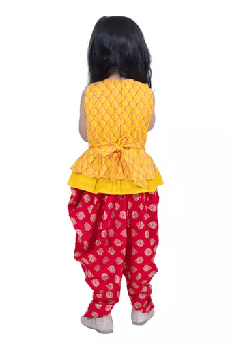 cotton sleeveless krishna printed top & dhoti -yellow & red