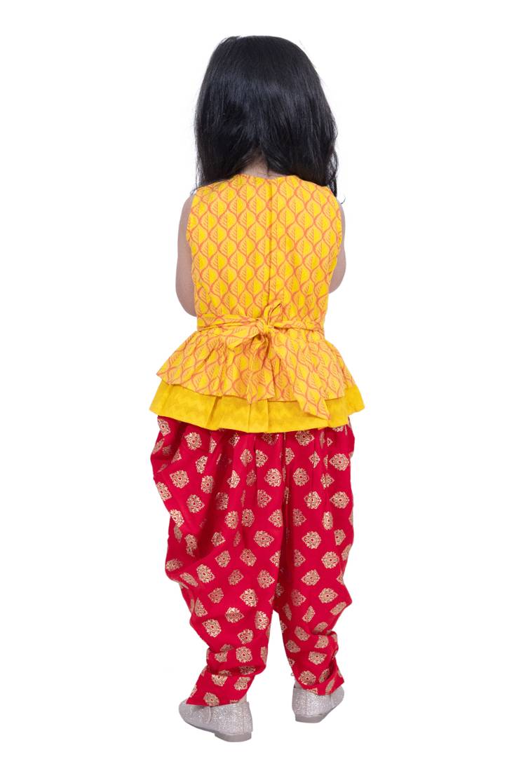 cotton sleeveless krishna printed top & dhoti -yellow & red