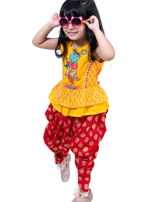 cotton sleeveless krishna printed top & dhoti -yellow & red 3
