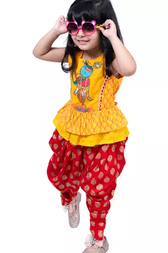 cotton sleeveless krishna printed top & dhoti -yellow & red