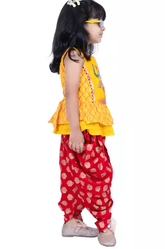 cotton sleeveless krishna printed top & dhoti -yellow & red