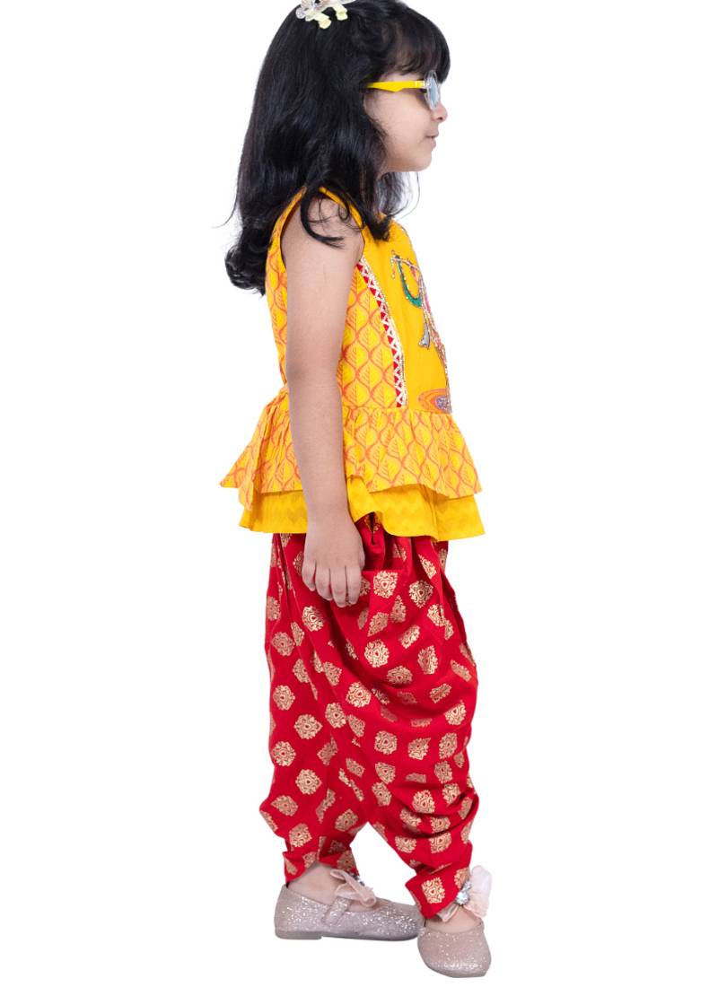 cotton sleeveless krishna printed top & dhoti -yellow & red