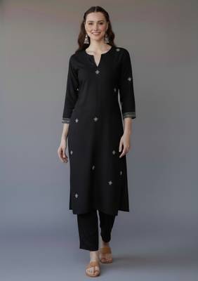 Black embroidered rayon kurta set 3