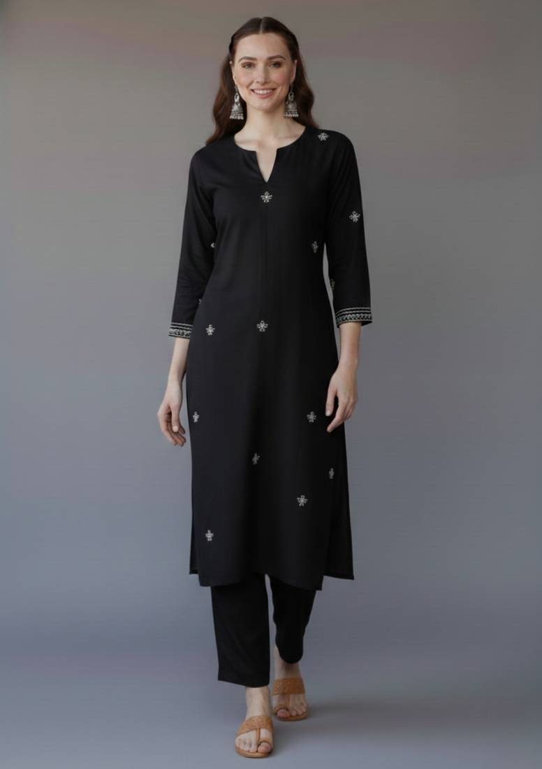 Black embroidered rayon kurta set