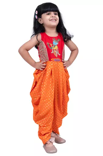 cotton sleeveless krishna printed jumpsuit -red & orange