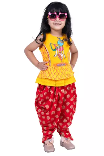 cotton sleeveless krishna printed top & dhoti -yellow & red