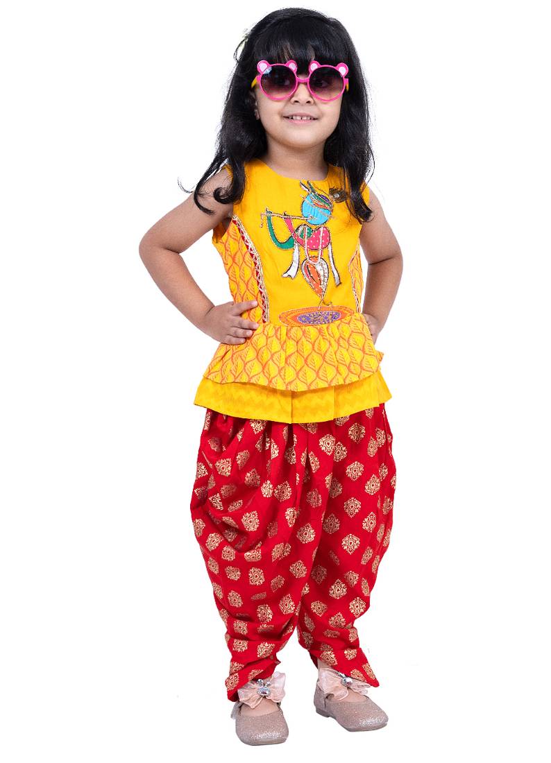 cotton sleeveless krishna printed top & dhoti -yellow & red