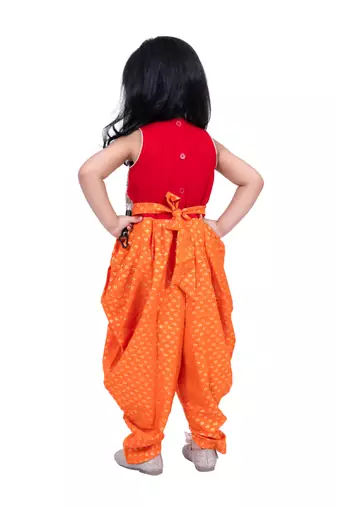 cotton sleeveless krishna printed jumpsuit -red & orange
