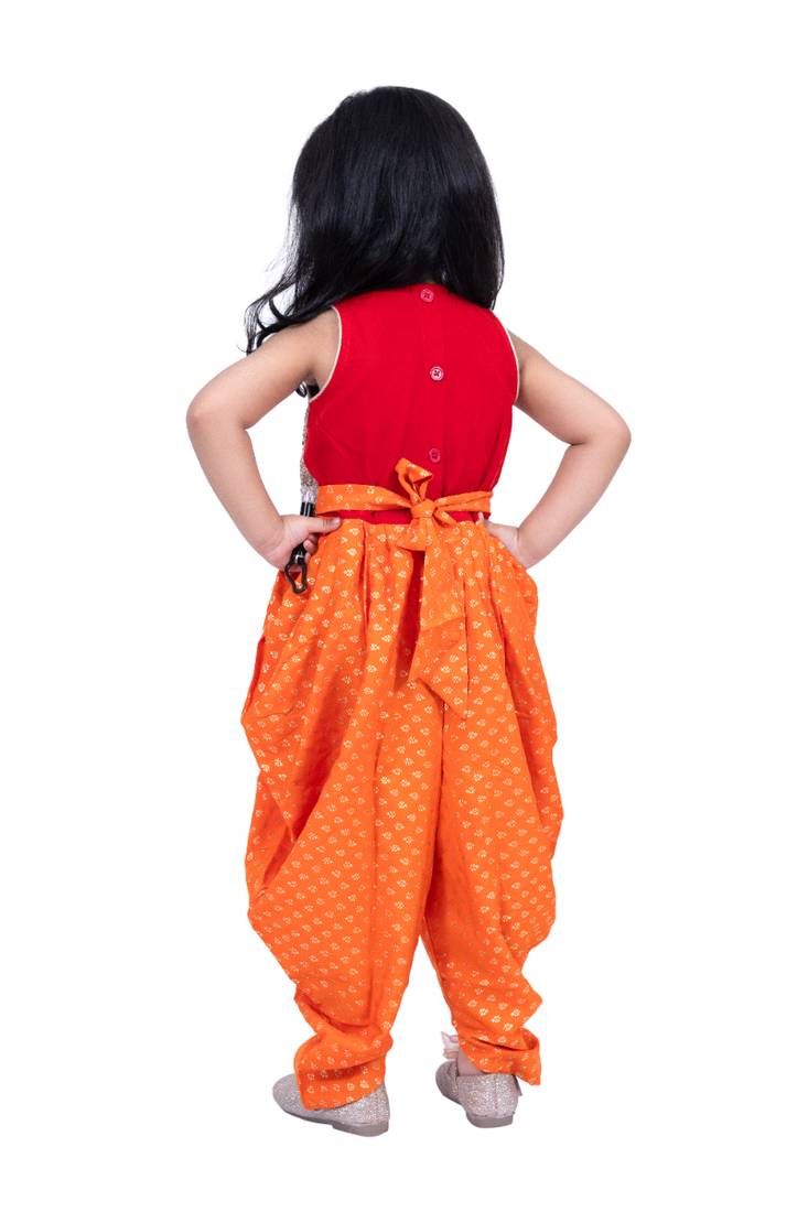 cotton sleeveless krishna printed jumpsuit -red & orange