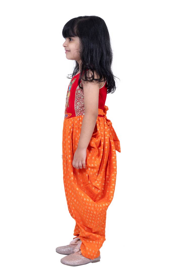 cotton sleeveless krishna printed jumpsuit -red & orange