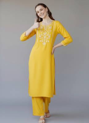Yellow embroidered rayon kurta set 3