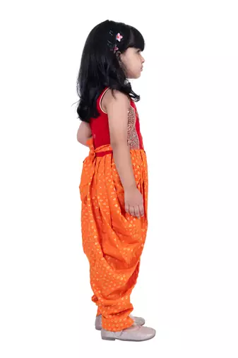 cotton sleeveless krishna printed jumpsuit -red & orange