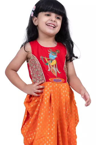 cotton sleeveless krishna printed jumpsuit -red & orange