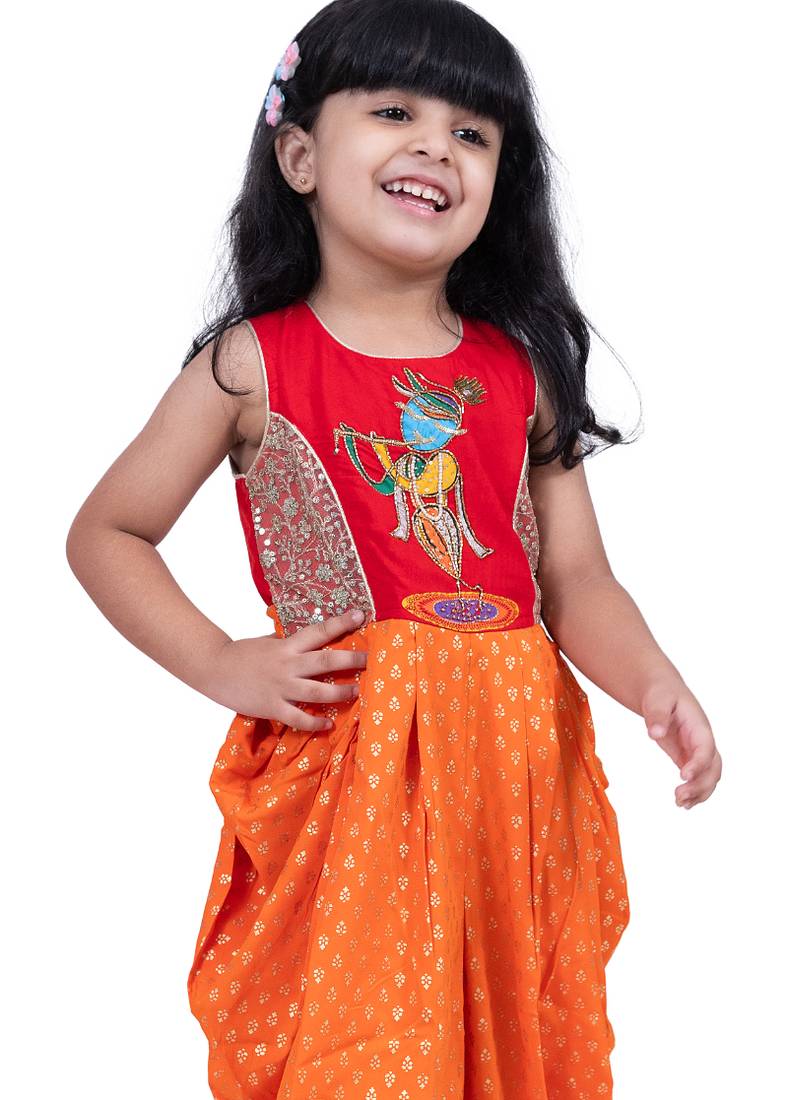 cotton sleeveless krishna printed jumpsuit -red & orange