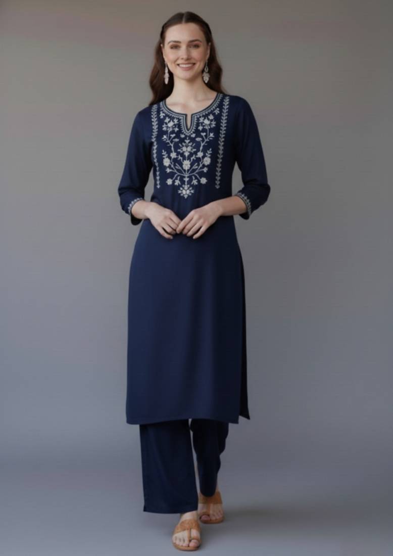 Navy embroidered rayon kurta set