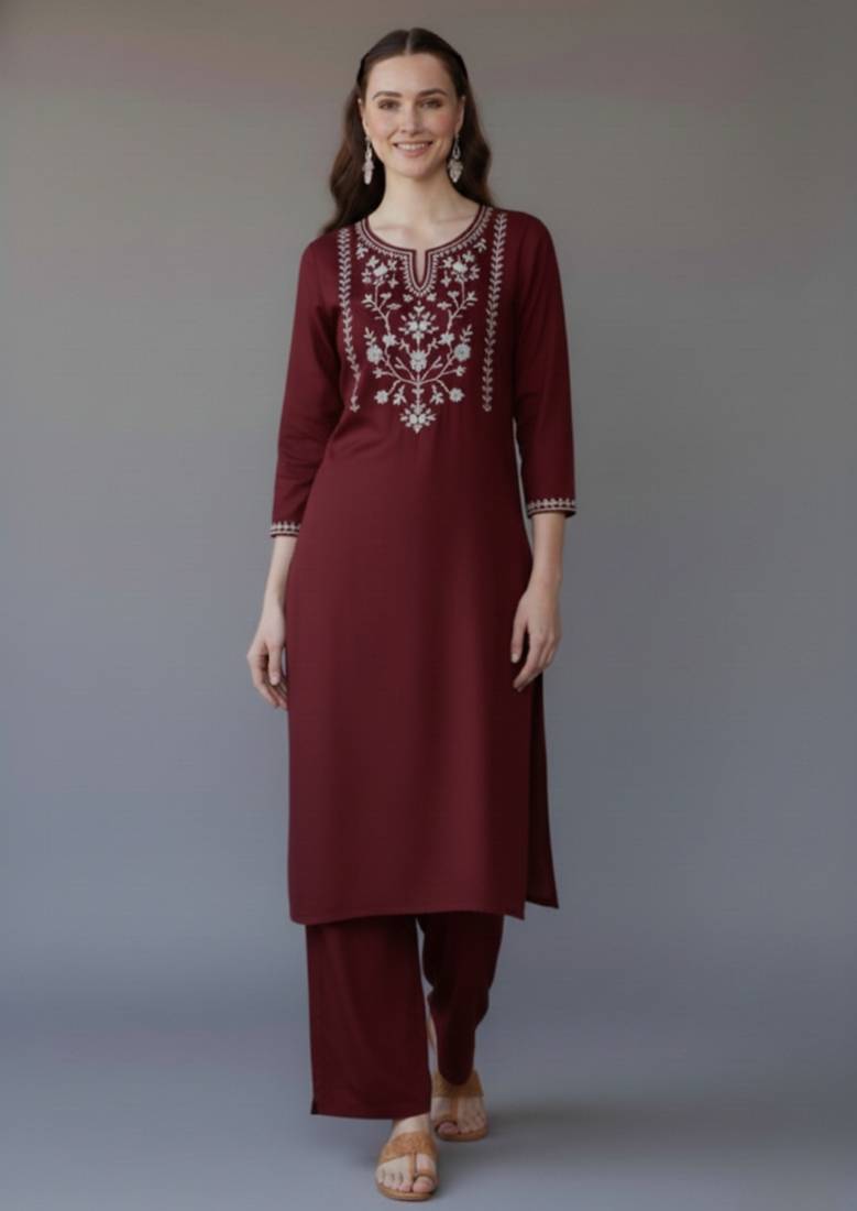 Maroon embroidered rayon kurta set