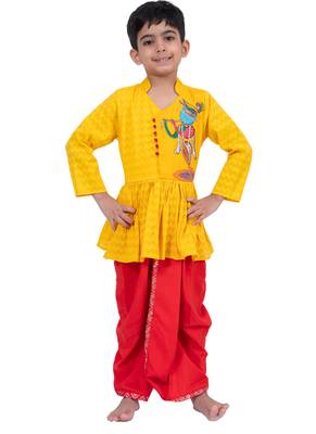 cotton 3/4sleeves krishna printed kurta with dhoti -  yellow & red 1