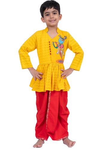 cotton 3/4sleeves krishna printed kurta with dhoti -  yellow & red
