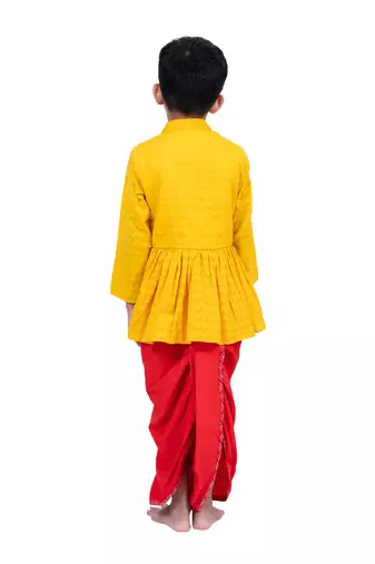 cotton 3/4sleeves krishna printed kurta with dhoti -  yellow & red