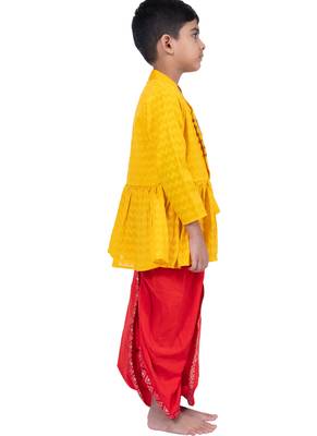 cotton 3/4sleeves krishna printed kurta with dhoti -  yellow & red 3