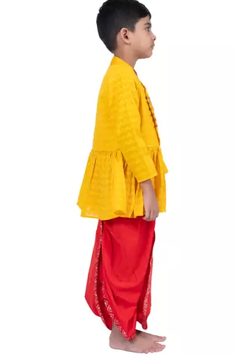 cotton 3/4sleeves krishna printed kurta with dhoti -  yellow & red