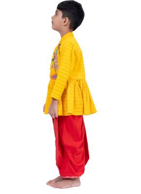cotton 3/4sleeves krishna printed kurta with dhoti -  yellow & red 4