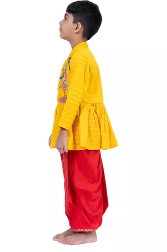 cotton 3/4sleeves krishna printed kurta with dhoti -  yellow & red