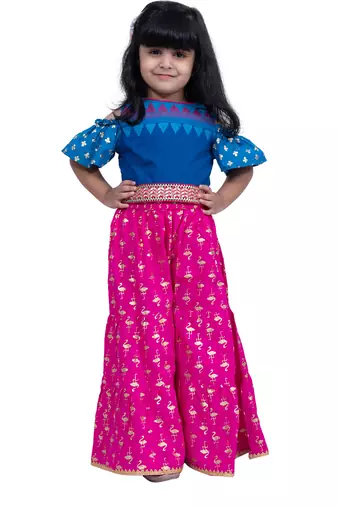 cotton cold shoulder half n half bordered top with sharara - blue & pink