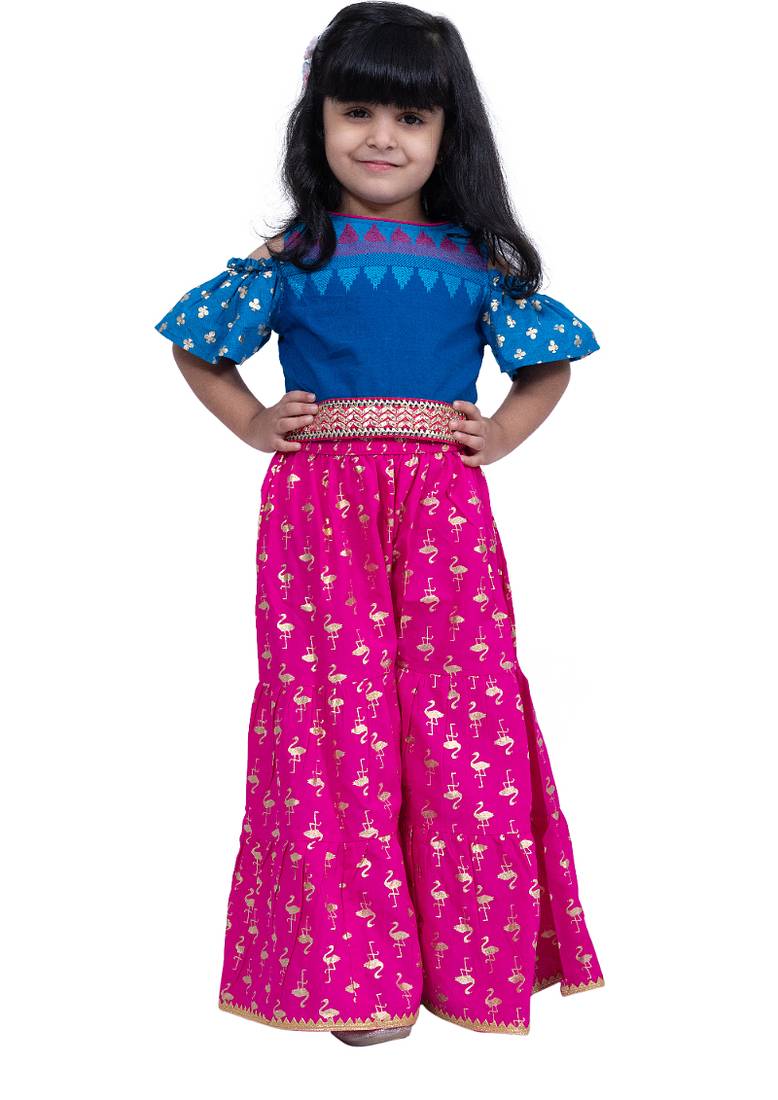 cotton cold shoulder half n half bordered top with sharara - blue & pink