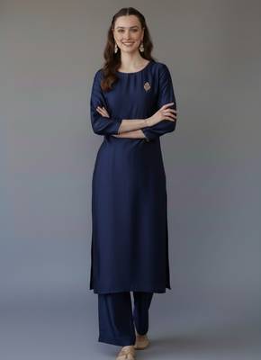 Navy embroidered rayon kurta set 3