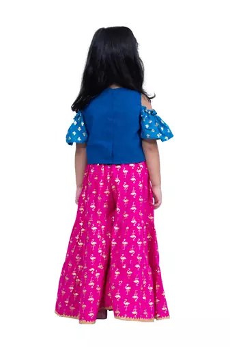 cotton cold shoulder half n half bordered top with sharara - blue & pink