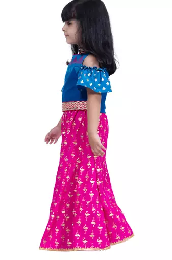 cotton cold shoulder half n half bordered top with sharara - blue & pink