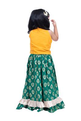 sleevless solid top with printed lehenga  - yellow & green 2