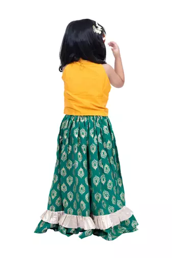 sleevless solid top with printed lehenga  - yellow & green
