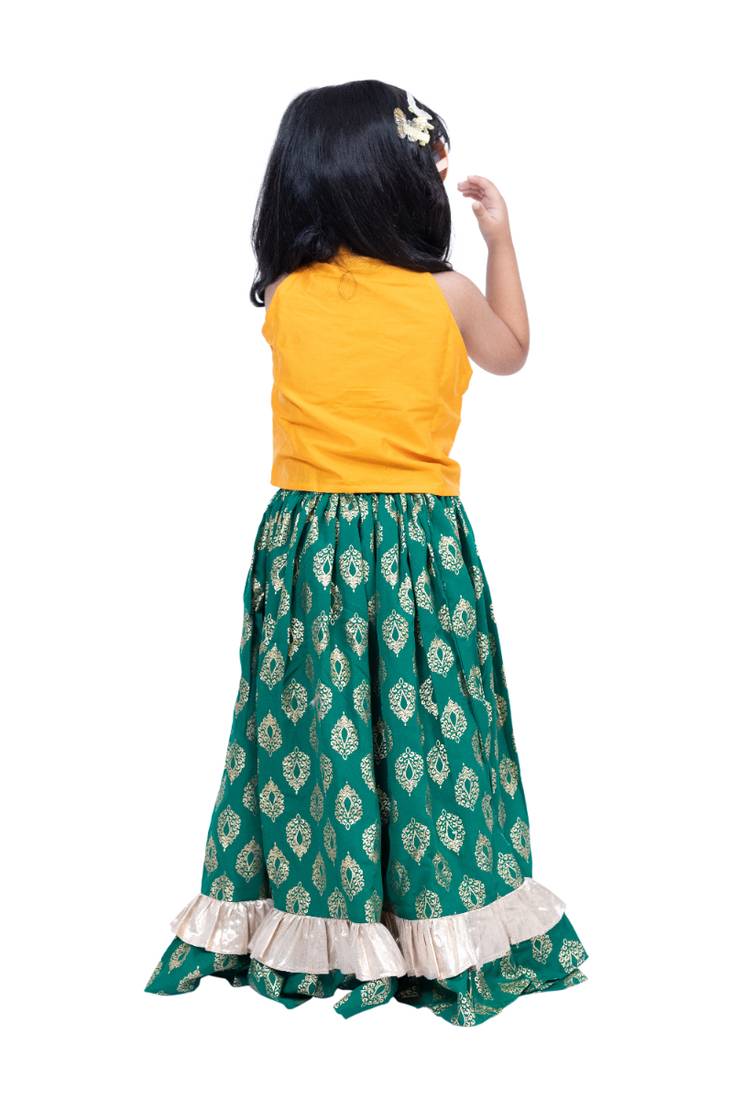 sleevless solid top with printed lehenga  - yellow & green