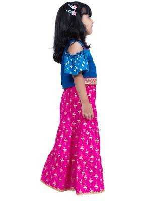 cotton cold shoulder half n half bordered top with sharara - blue & pink 4