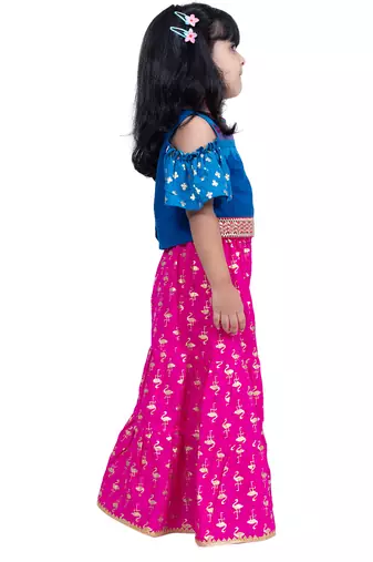 cotton cold shoulder half n half bordered top with sharara - blue & pink