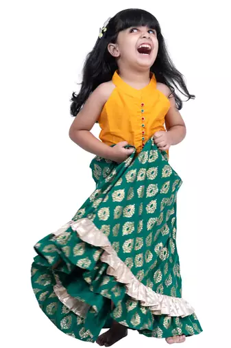 sleevless solid top with printed lehenga  - yellow & green