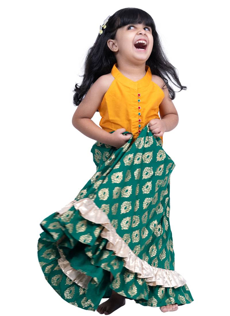 sleevless solid top with printed lehenga  - yellow & green
