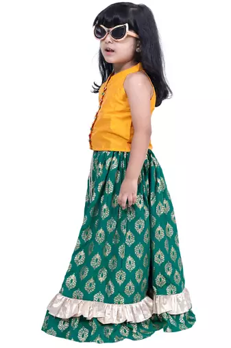 sleevless solid top with printed lehenga  - yellow & green