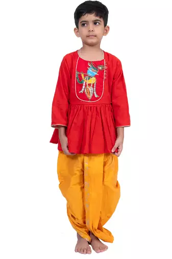 cotton 3/4sleeves krishna printed kurta with dhoti - red & yellow
